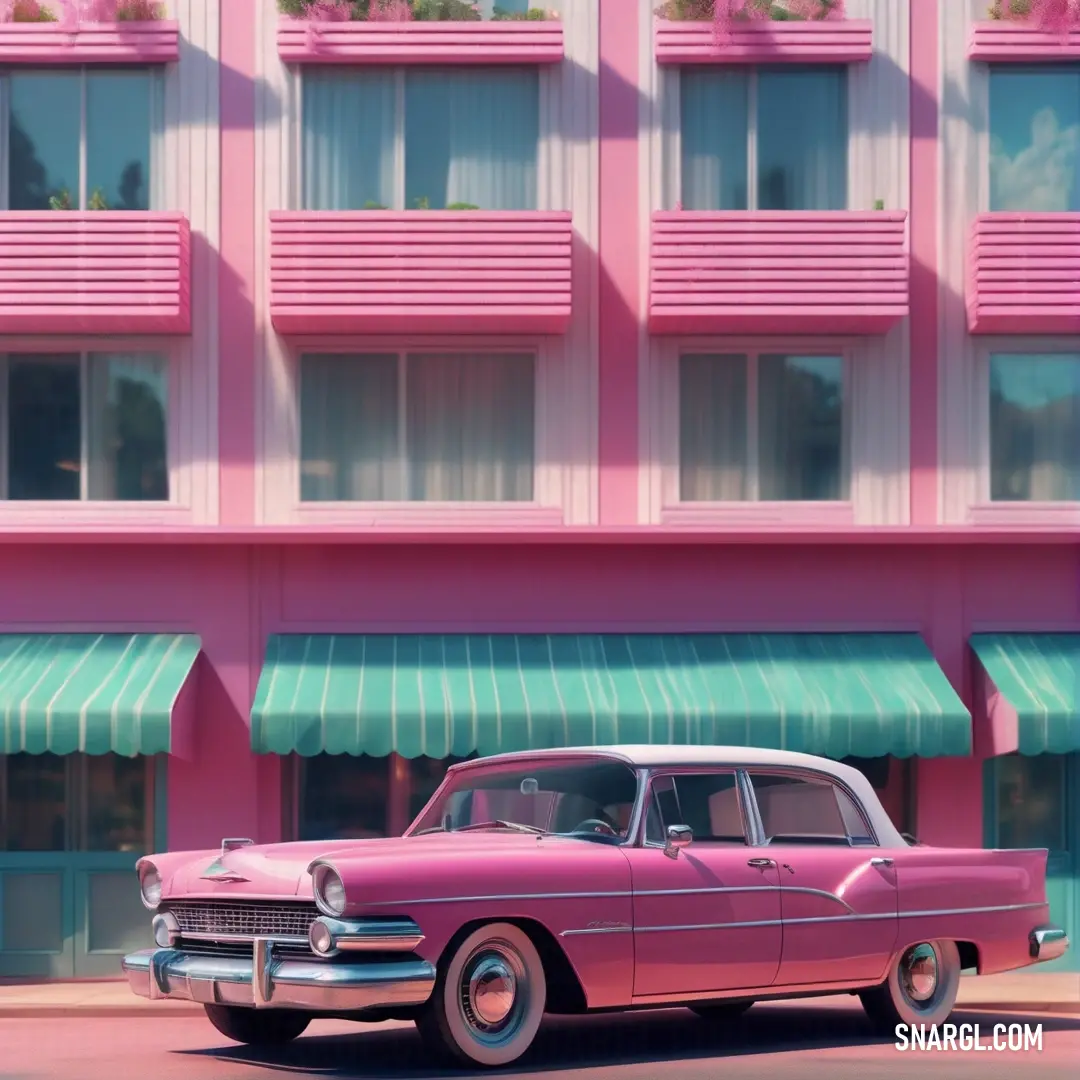 Pink car parked in front of a pink building with a green awning and a pink awning. Color NCS S 2050-R20B.