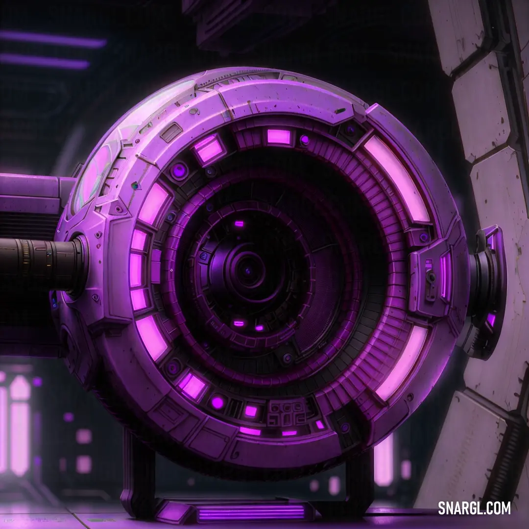 Futuristic looking object with purple lights in a room with a purple light on it's side and a black object in the middle