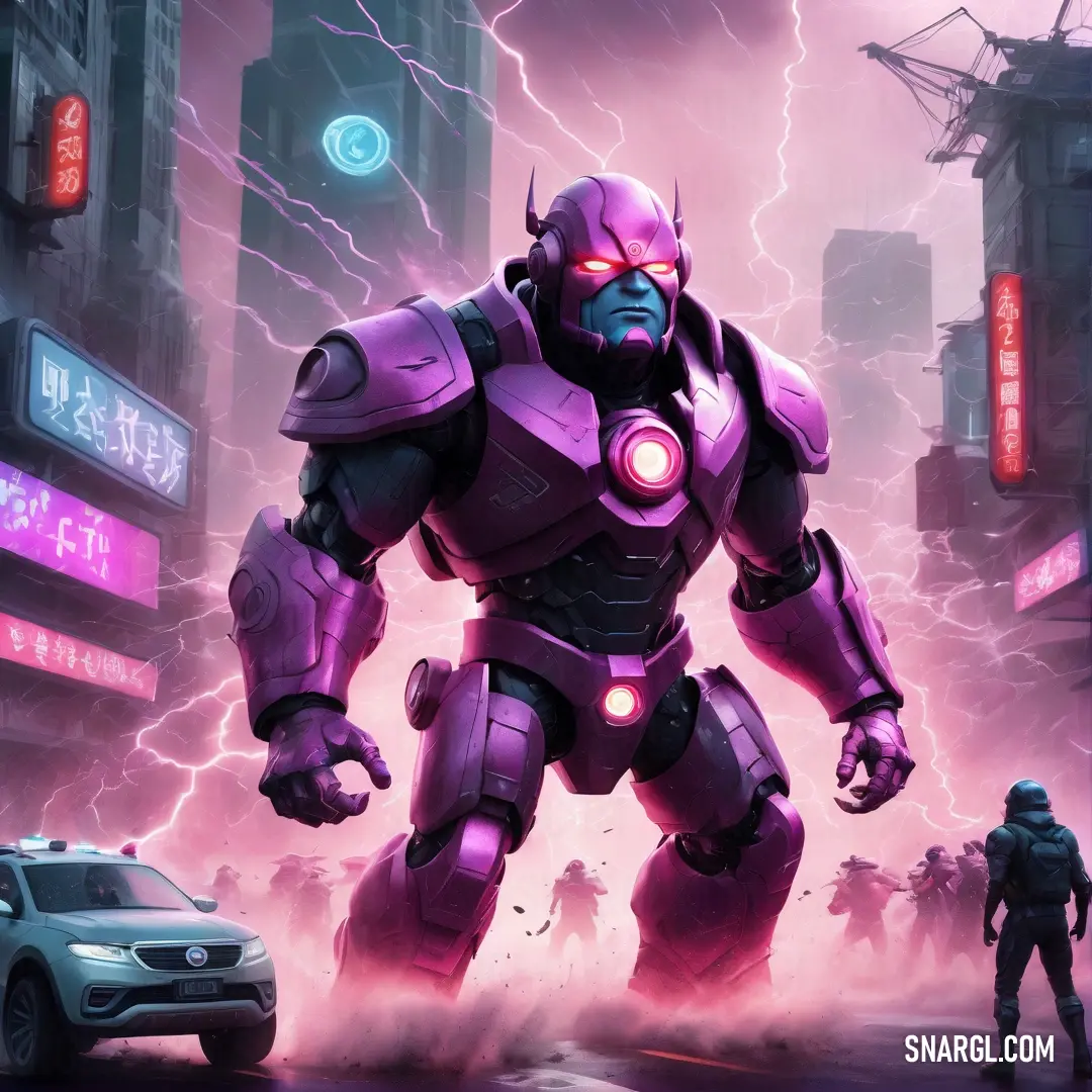Giant robot standing in the middle of a city street with a car in the background. Color #B853B7.