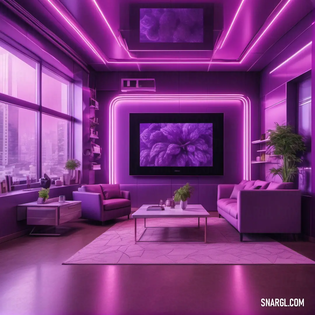 Living room with purple lighting and a flat screen tv on the wall and a couch and chair in the middle. Color CMYK 35,75,0,0.