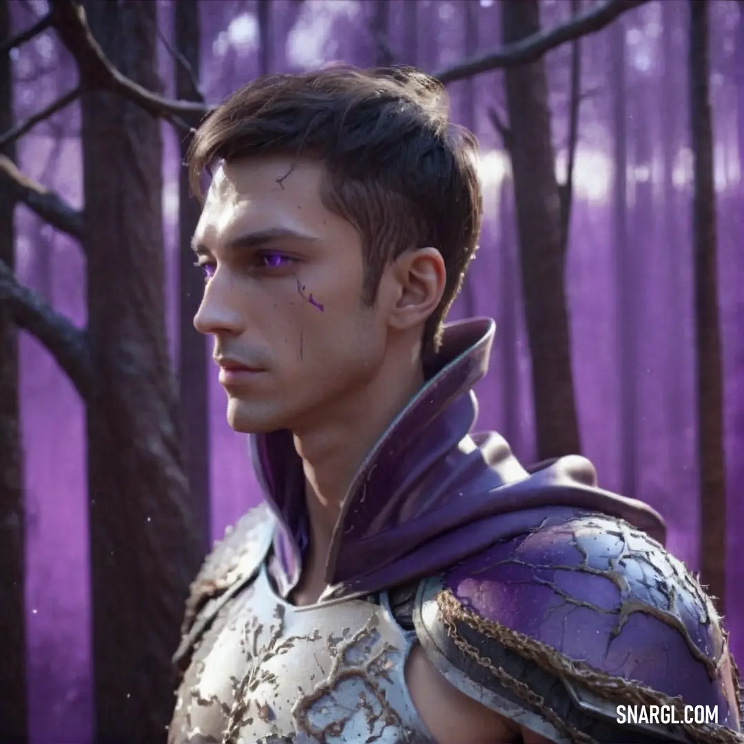 NCS S 2050-R40B color. Man in a purple outfit standing in a forest with trees in the background