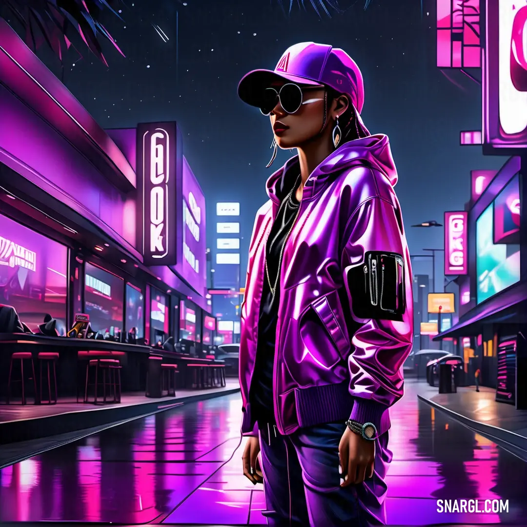Person in a purple jacket and hat standing on a city street at night with neon lights and neon signs. Example of CMYK 35,75,0,0 color.