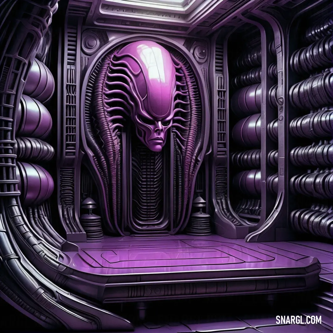 Purple alien is in a purple room with a purple carpet and a purple door that leads to a hallway. Color NCS S 2050-R40B.