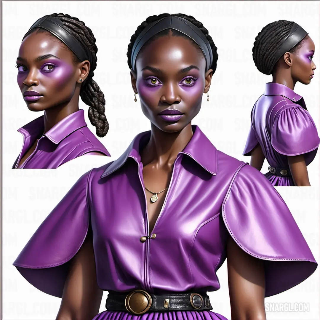 Woman with purple makeup and braids in a purple dress and a black hair bun in a bun. Color CMYK 35,75,0,0.