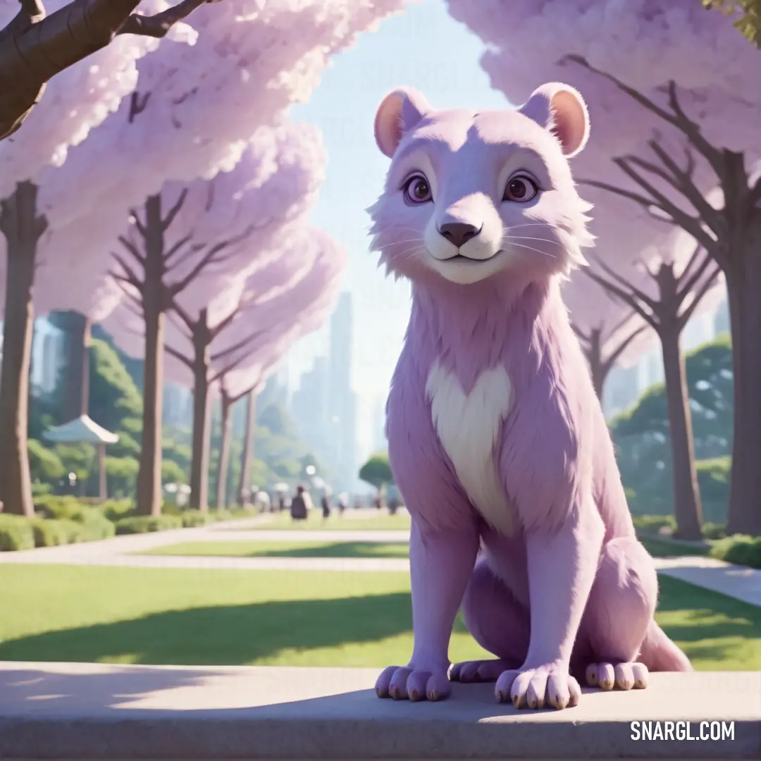 A cheerful cartoon character perches on a ledge in a vibrant park filled with lush trees and blooming flowers. The joyful scene radiates happiness and playfulness, inviting viewers into a world of imagination.