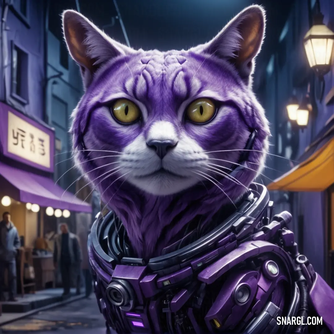 A stylish cat dressed in a vibrant purple outfit strolls through a bustling city street illuminated by night. The city lights create a magical atmosphere showcasing the cat's fashionable flair amid lively surroundings.