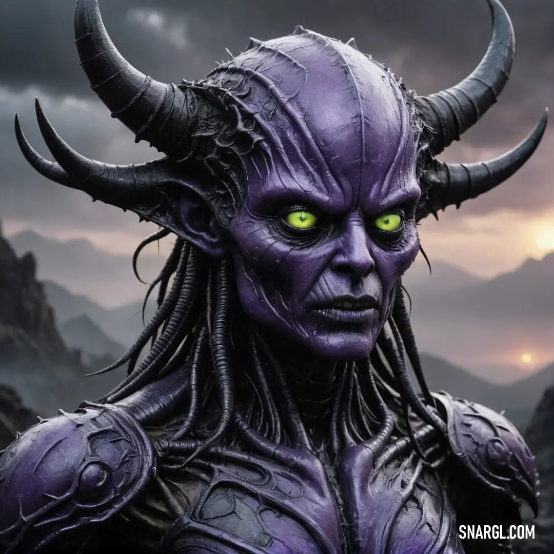 In a breathtaking close-up, a fierce demon with piercing green eyes and formidable horns clings to a mountainside, surrounded by a dark sky that deepens the sense of awe and intensity in this captivating portrait.