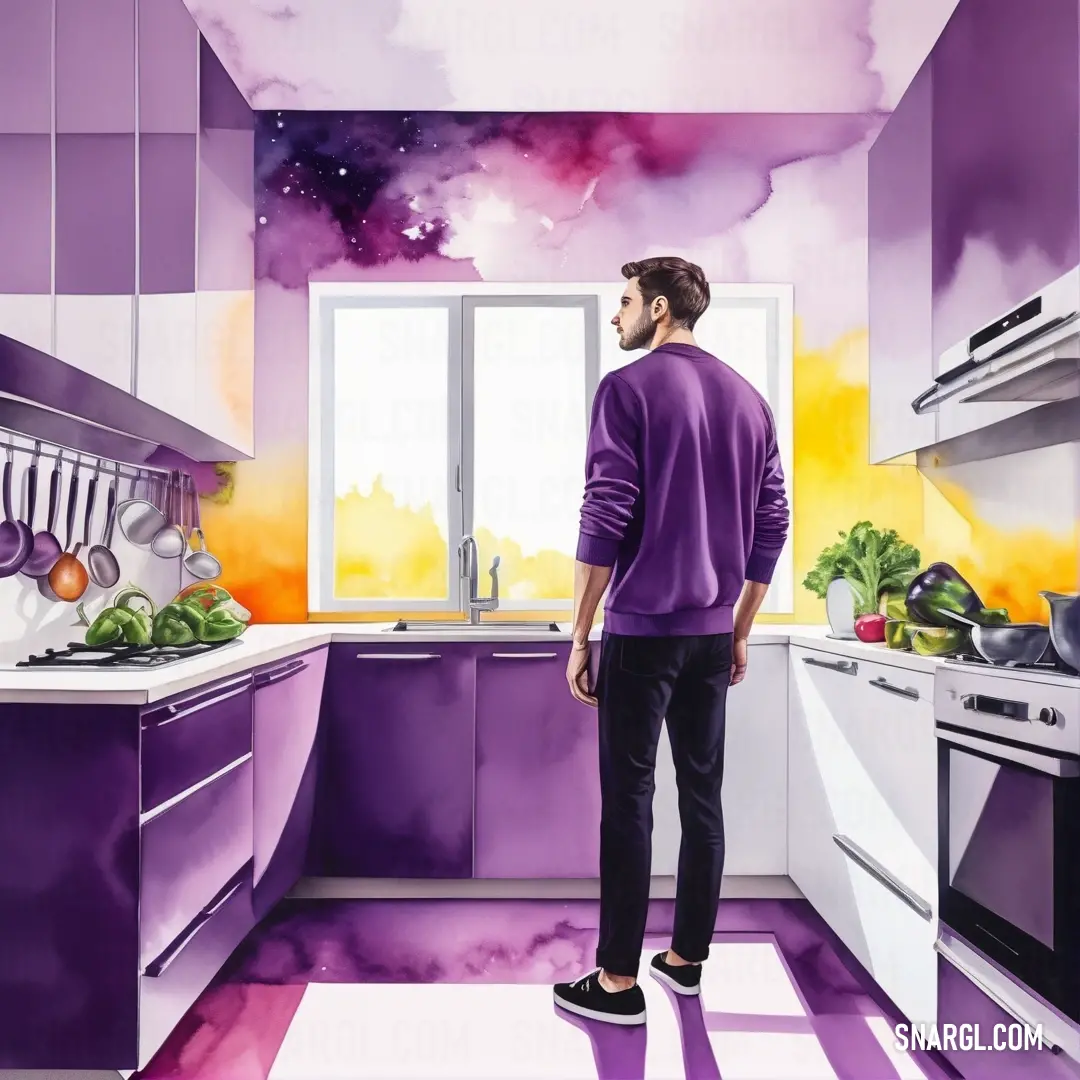 A captivating kitchen setting where vibrant purple and yellow walls come to life. A figure stands, soaking in the cheerful atmosphere with stylish cabinets and a window that opens up to a picturesque view.