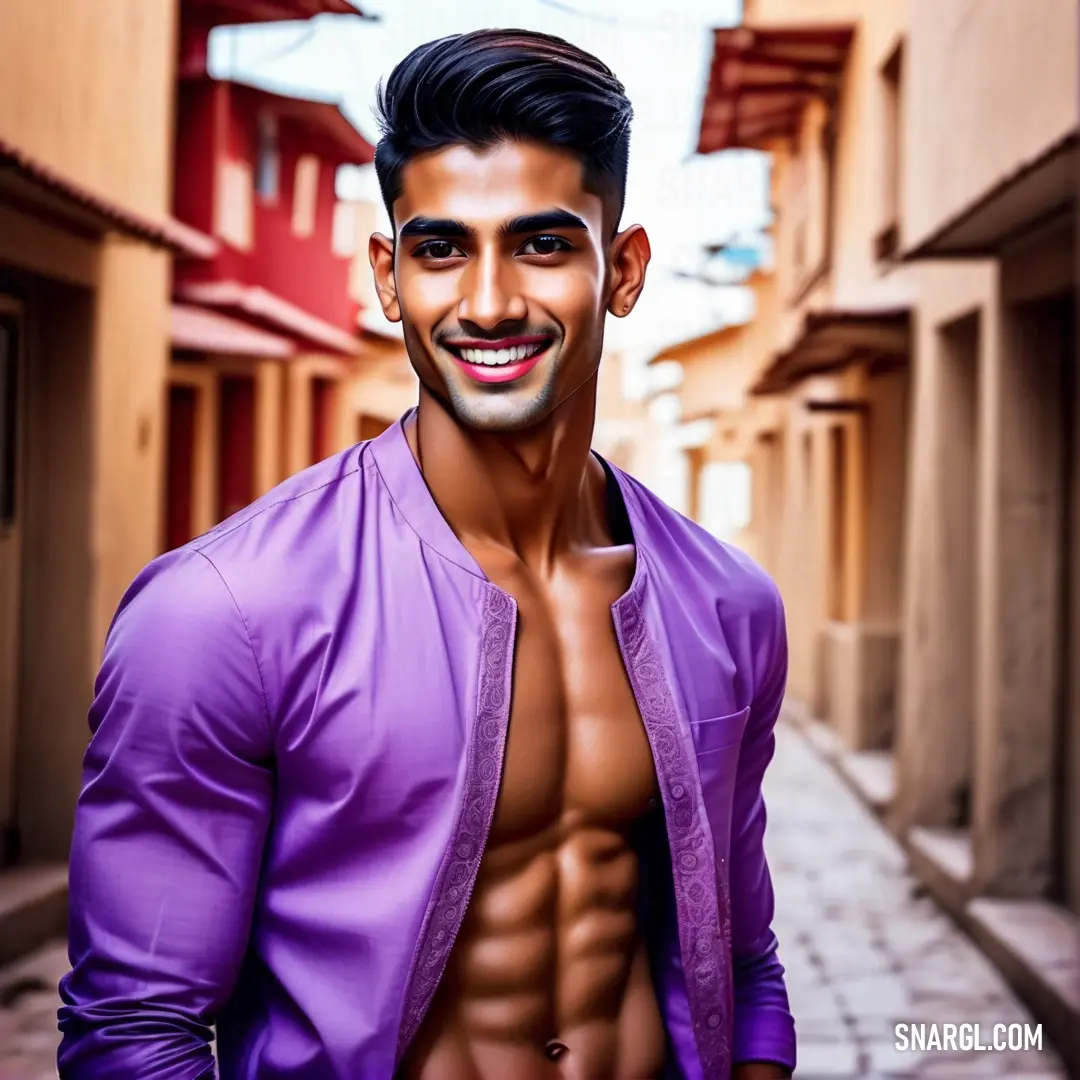 Man with a shirt on standing in a narrow alley way with buildings in the background. Color #925FC2.