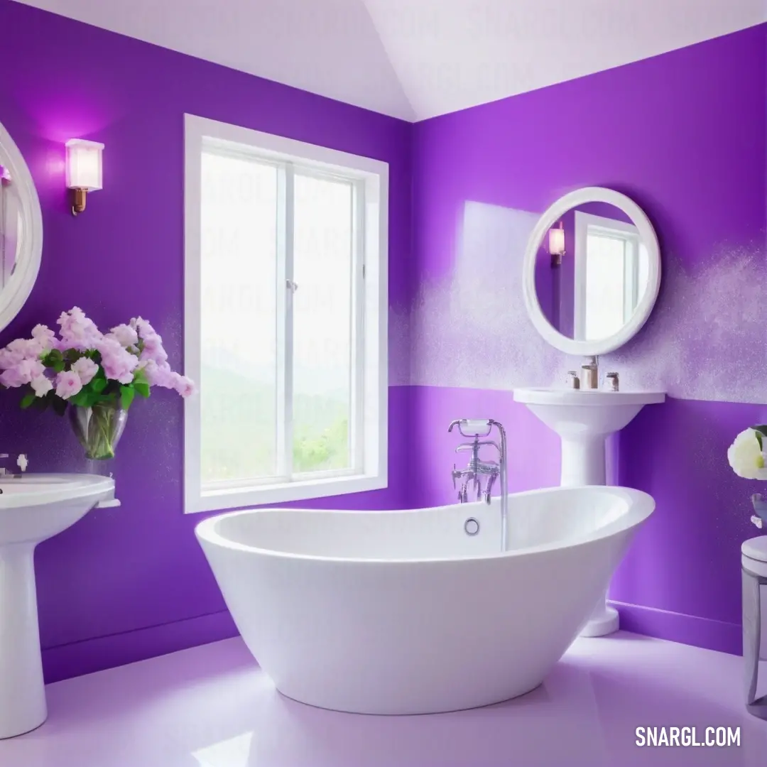 NCS S 2050-R60B color example: Bathroom with a purple wall and a white tub and sink and a mirror and a toilet