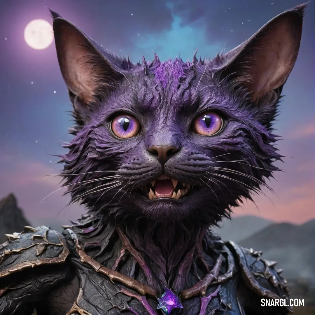 An enchanting cat adorned with a vibrant purple collar and intricate patterns on its chest, set against a luminous full moon that bathes the scene in a gentle glow. The cat gazes upwards, adding a whimsical touch to the serene night landscape.