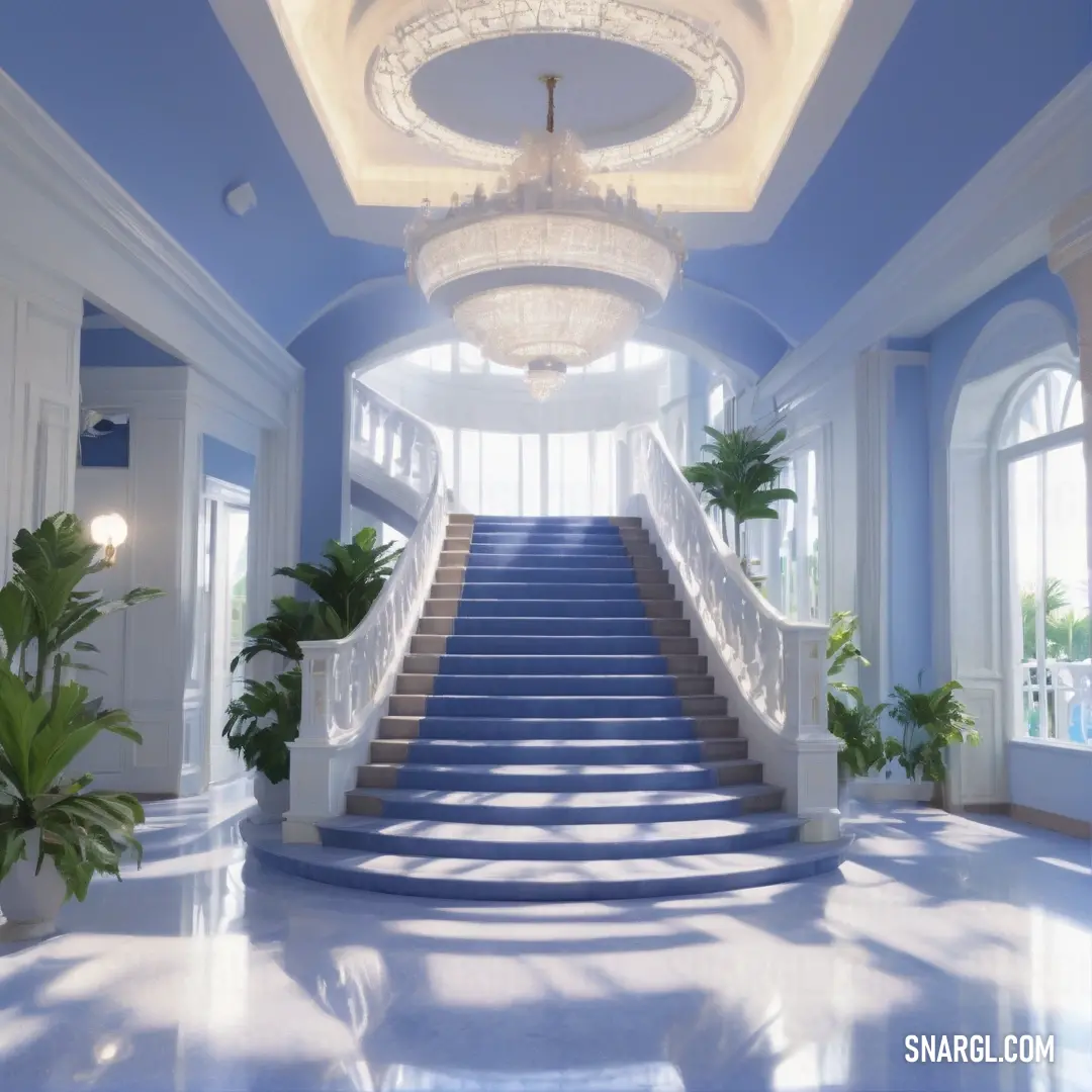 An grand staircase embellished with a sparkling chandelier, accompanied by a green plant nestled in the middle. The spacious room is designed to inspire awe with its captivating aesthetics and warm ambience.