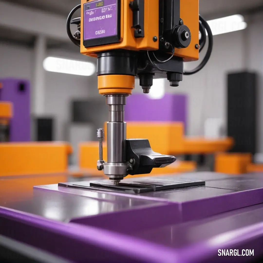 An industrial machine intently cutting a piece of metal while a machine tool lies beside it, all set against the backdrop of a vibrant purple table; a striking juxtaposition of technology and color in a productive environment.