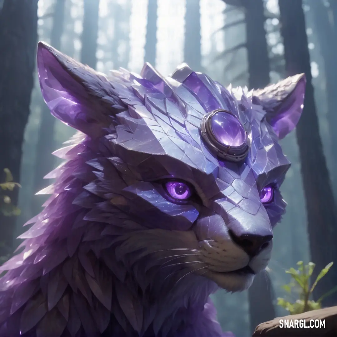 A mesmerizing purple cat with dazzling purple eyes and a regal headpiece roams gracefully through a lush forest filled with trees and rocks, embodying enchantment and mystery in its vibrant surroundings.