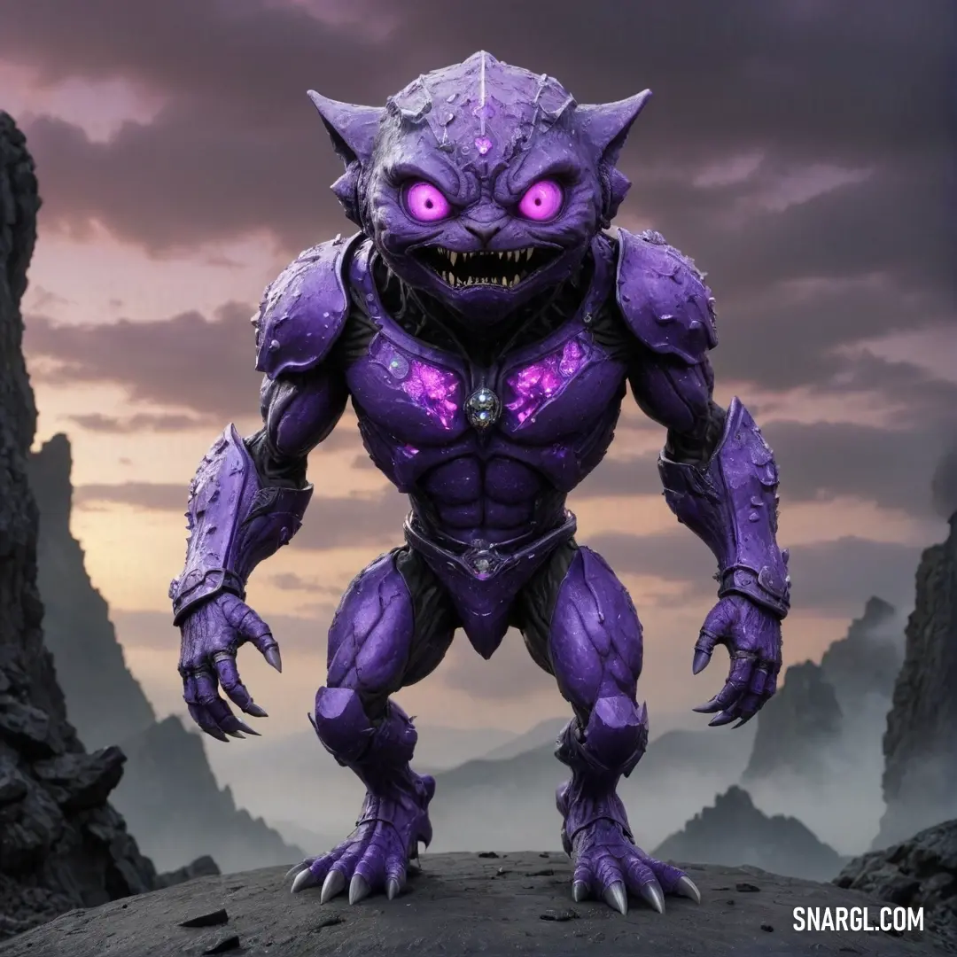 A striking purple creature with big, expressive eyes and an ominous purple demon-like head stands boldly on a rocky terrain, its vivid colors contrasting against the rugged mountain backdrop, radiating an undeniable allure.