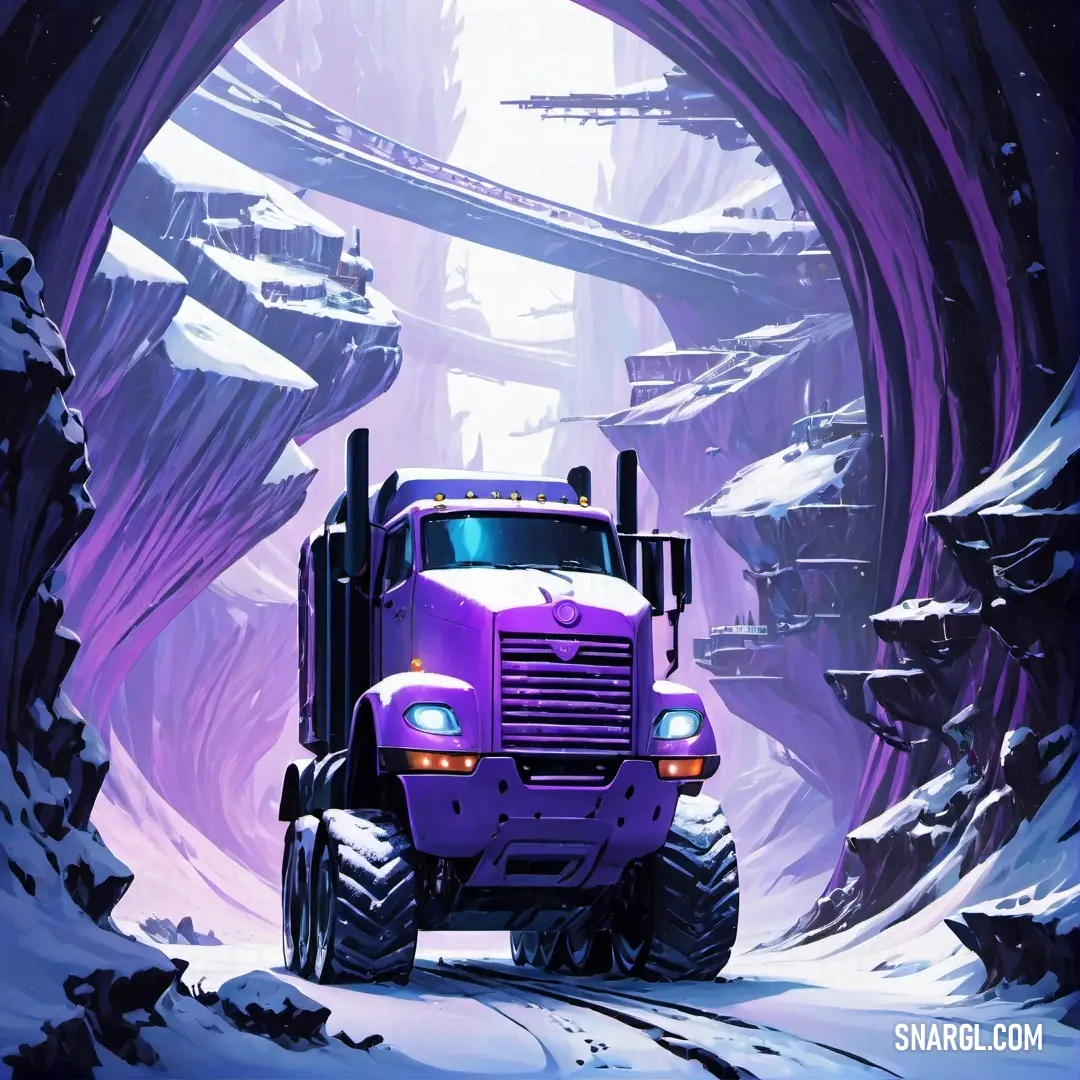 Purple truck driving through a tunnel in the snow with a mountain in the background. Example of CMYK 55,65,0,0 color.