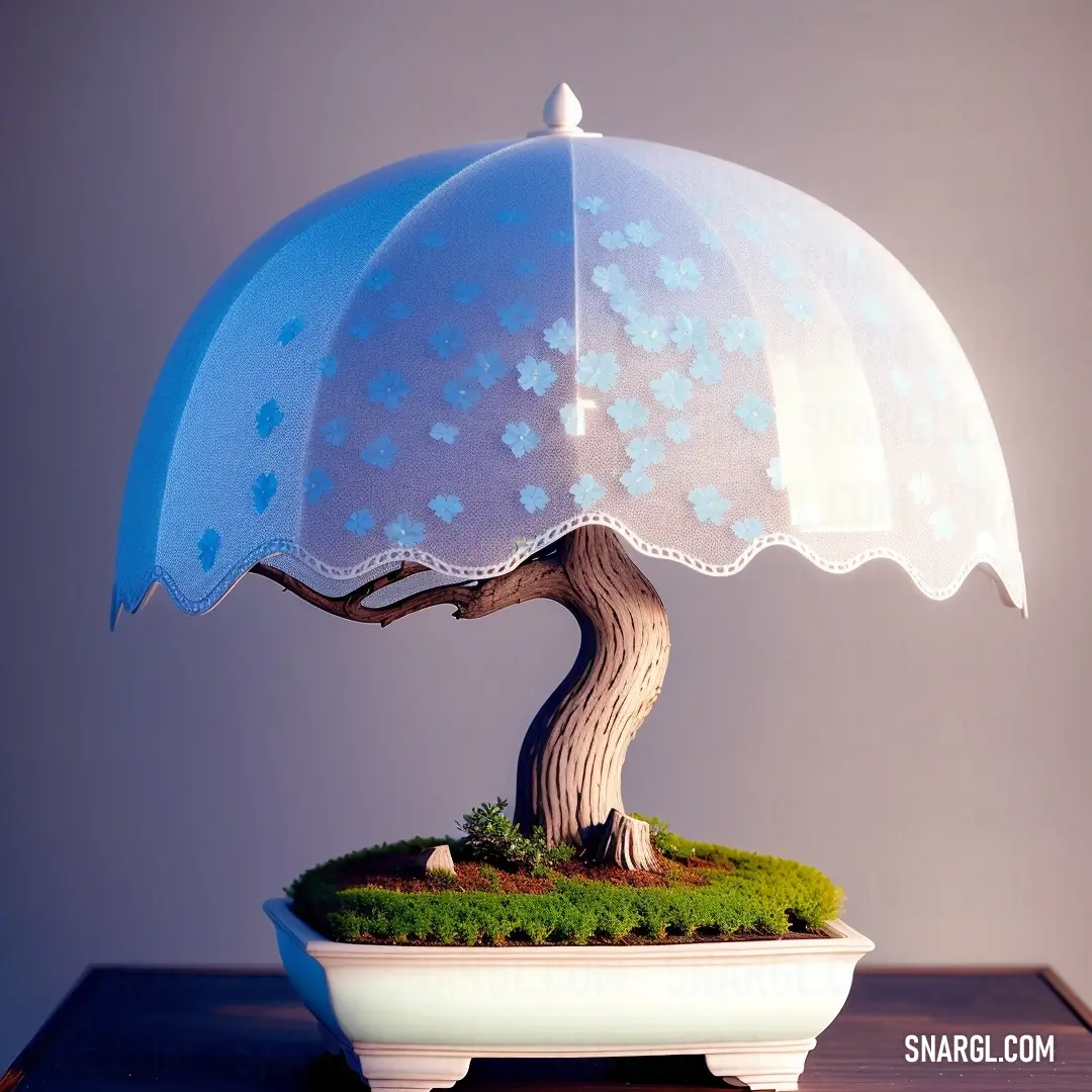 A charming small tree, adorned with a vibrant blue umbrella, sits atop a mossy table surrounded by nature, capturing a whimsical essence of creativity and serene tranquility in a playful setting.