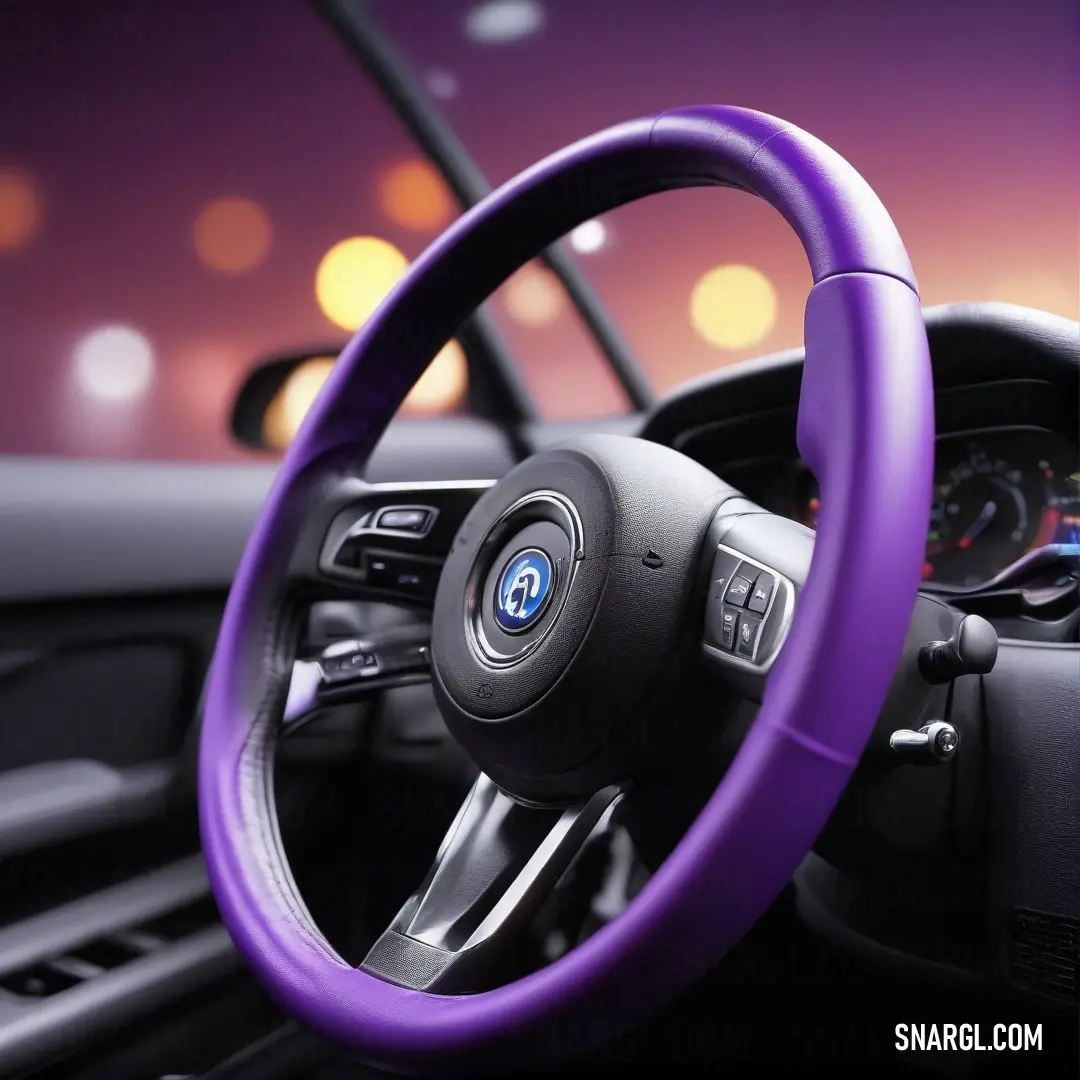 The steering wheel of a modern car is draped in a plush purple dashboard cover, set against a softly blurred background, creating an inviting atmosphere that encourages a journey of exploration and discovery.