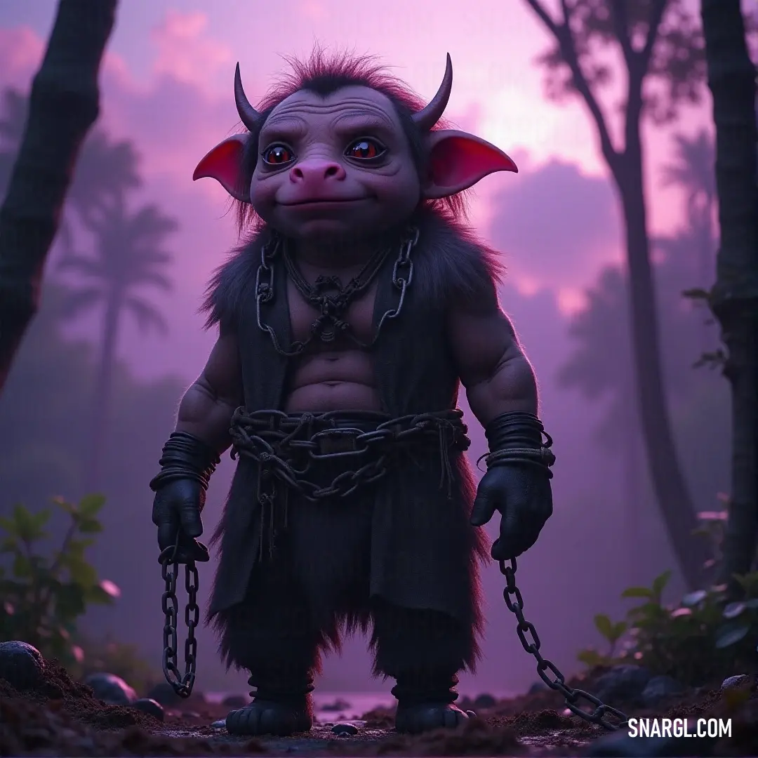 A fierce troll, adorned with majestic horns, stands defiantly in a forest drenched in twilight, pink skies blazing behind him. Chains encircle his neck, adding an element of intrigue and danger to this remarkable and mythic landscape.