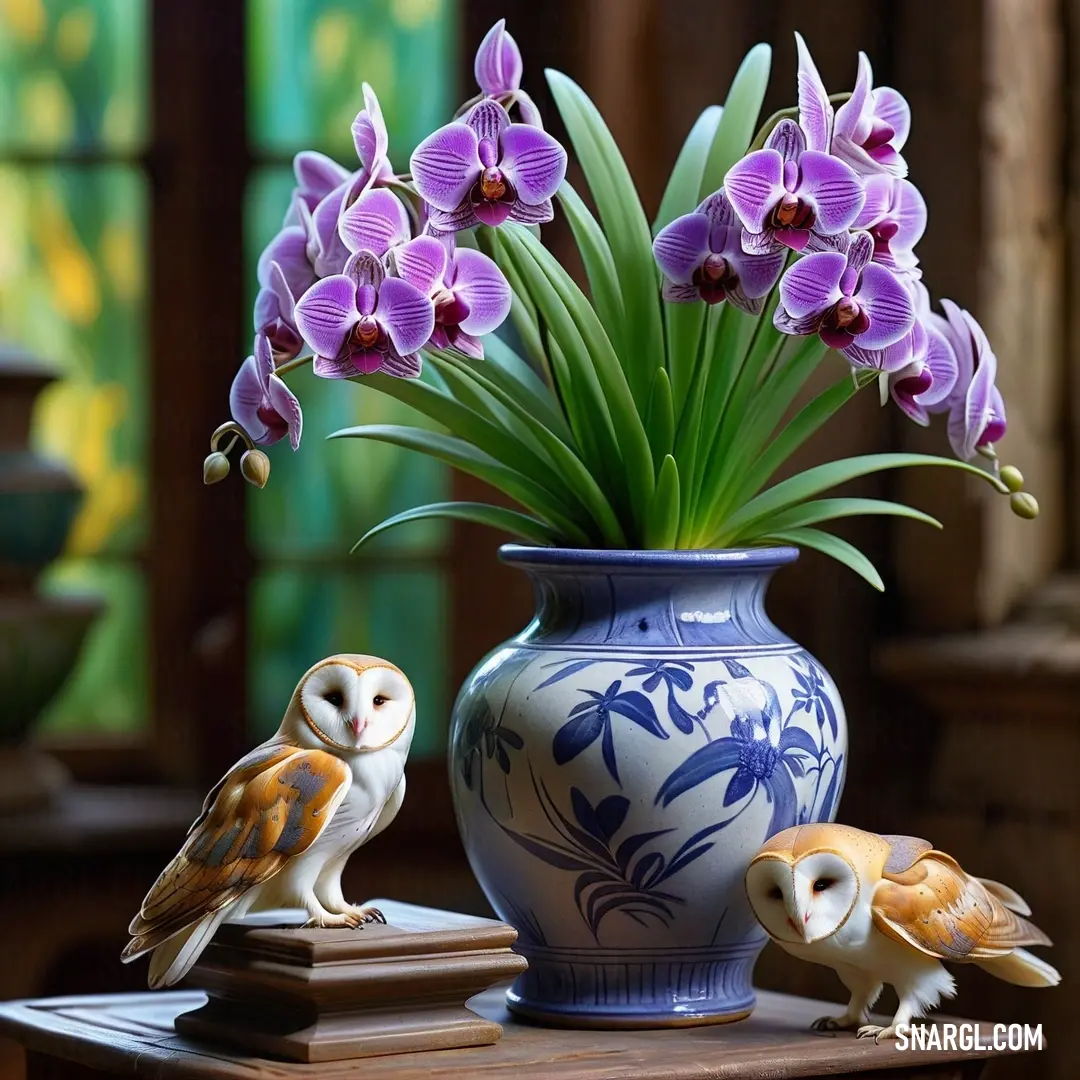 A charming scene of a vase filled with beautiful flowers accompanied by two playful owls, set on a table against a window backdrop. The gentle natural light creates an inviting and whimsical atmosphere.