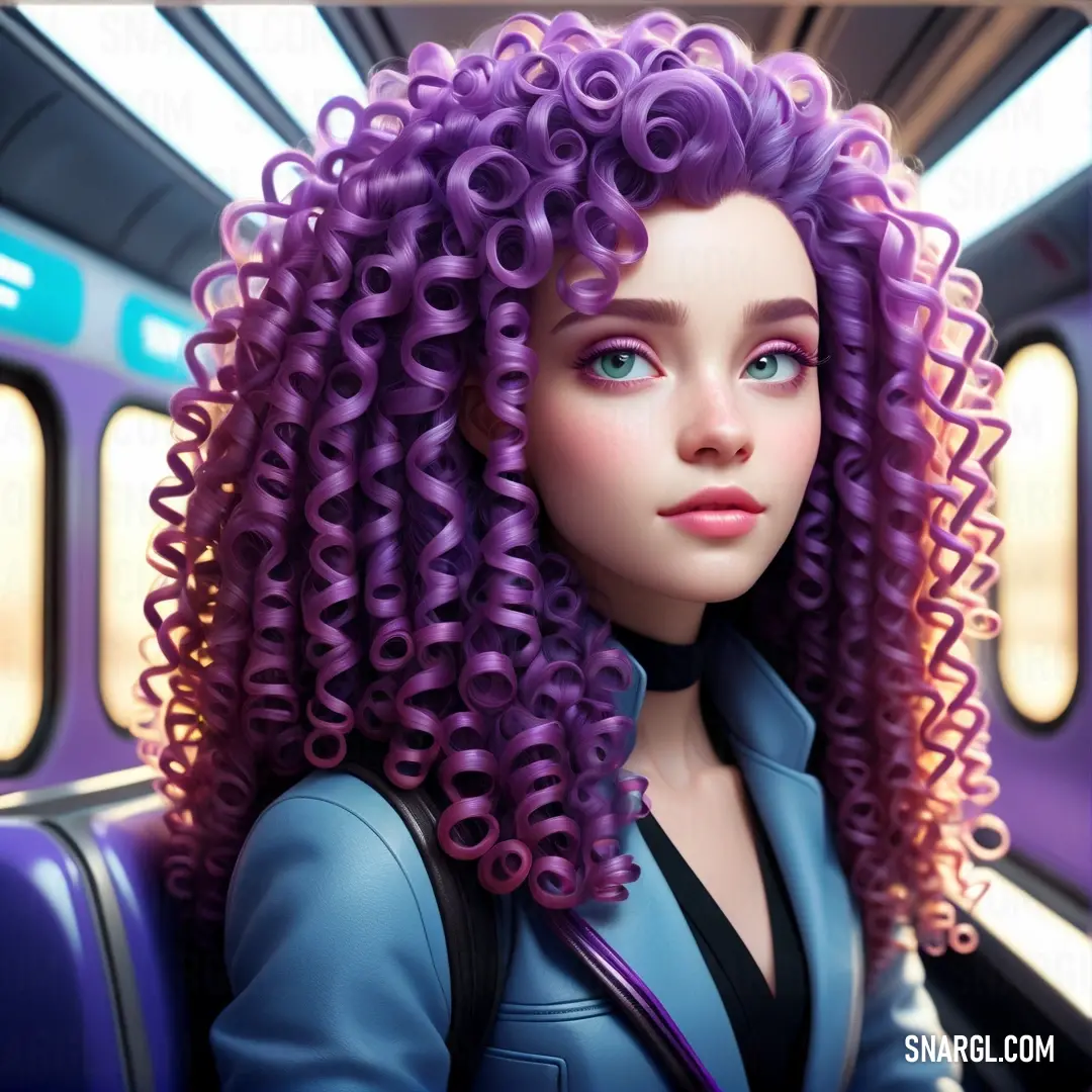 Woman with purple curly hair on a train seat. Example of NCS S 2050-R60B color.