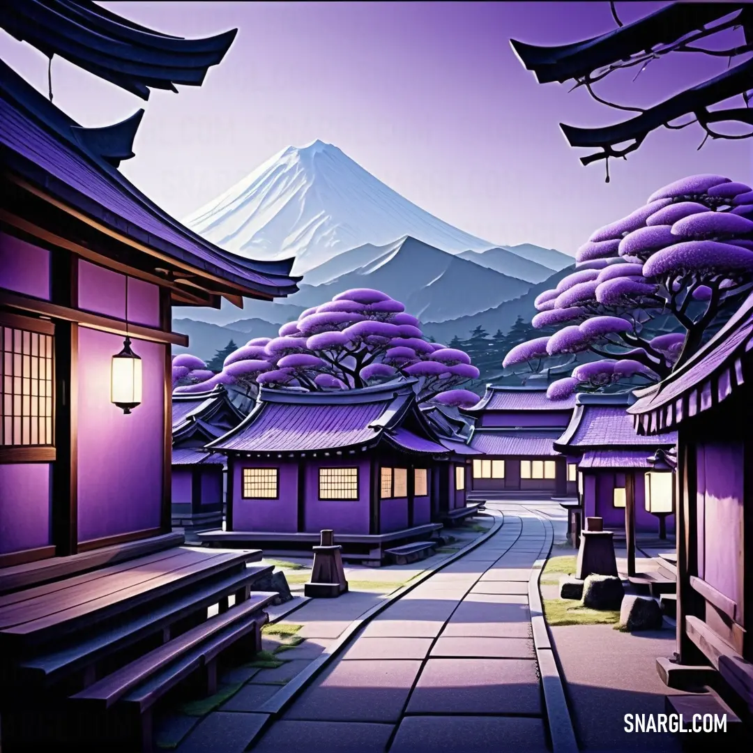 Painting of a japanese village with a mountain in the background. Example of #925FC2 color.
