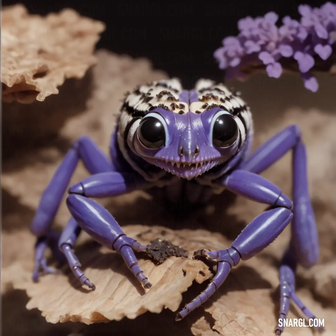 A whimsical purple and white spider with oversized eyes rests atop a rock, surrounded by delicate purple flowers that frame its unique form against a charming natural backdrop.