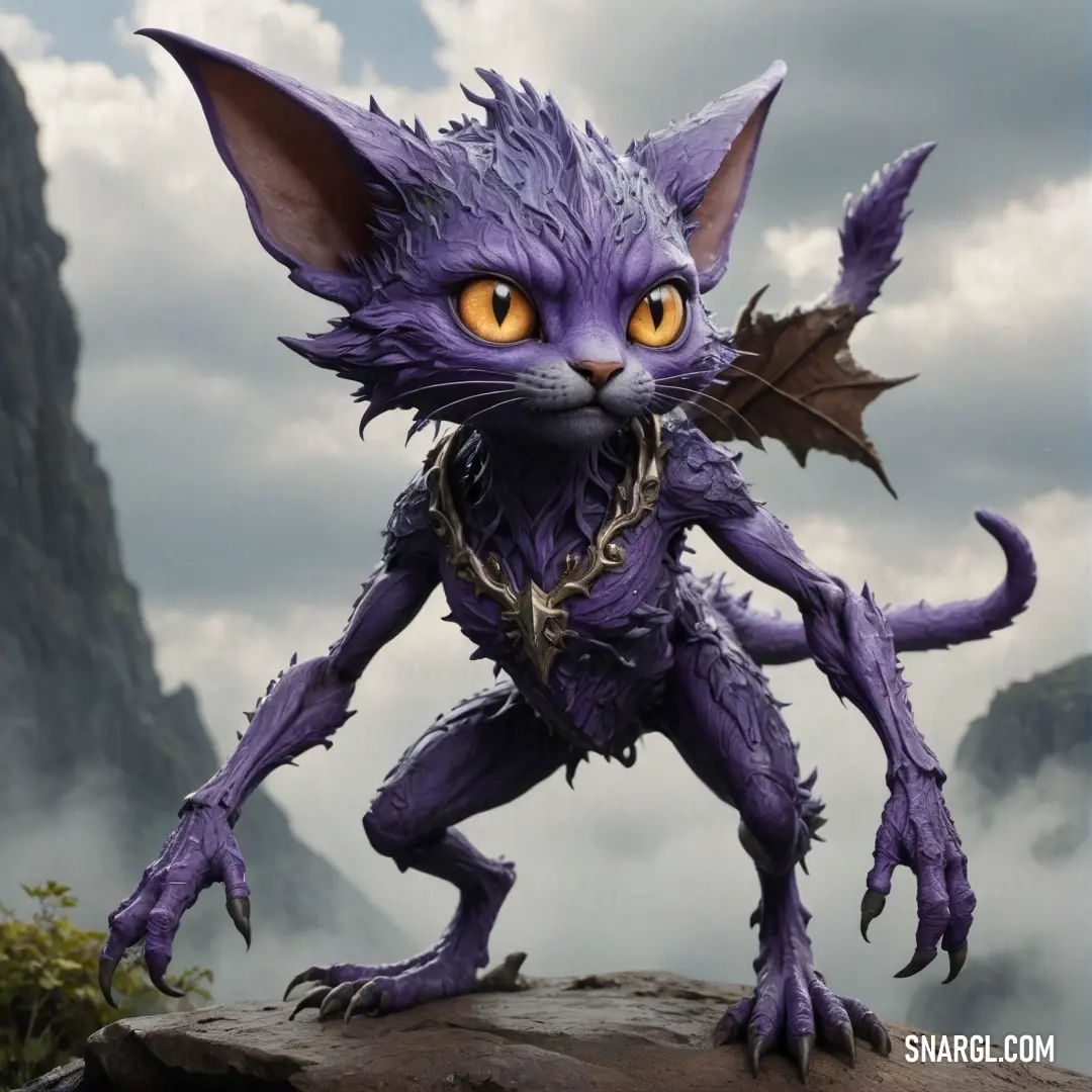 A captivating purple cat with sharp yellow eyes exudes a mysterious aura while donning a bold chain around its neck and tail. Its vibrant fur contrasts beautifully against the lush backdrop, drawing attention to its enigmatic presence.