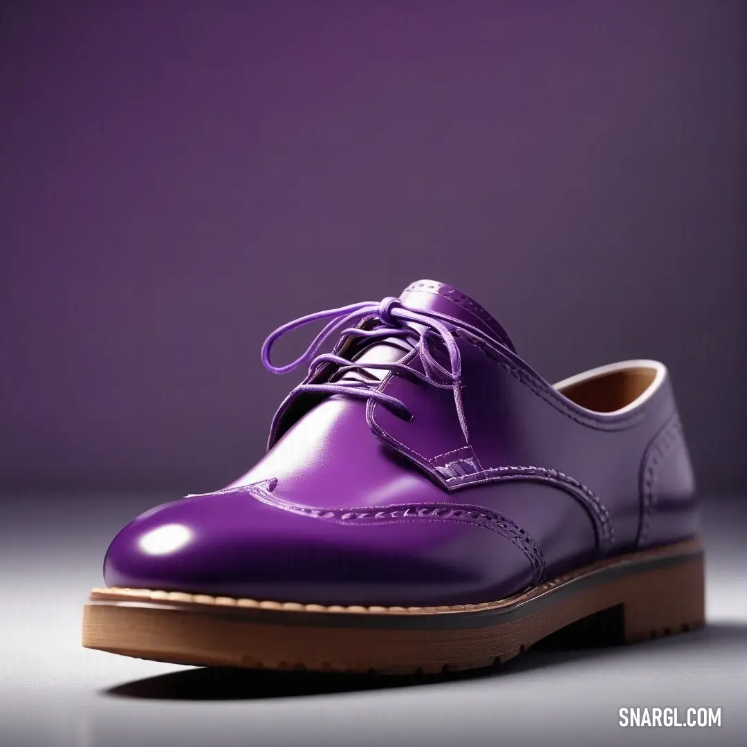 A beautiful purple shoe, complemented by a wooden sole, rests gracefully on a muted gray surface, set against a harmonious purple background that enhances its vibrant hue, exemplifying the elegant NCS S 2050-R60B.