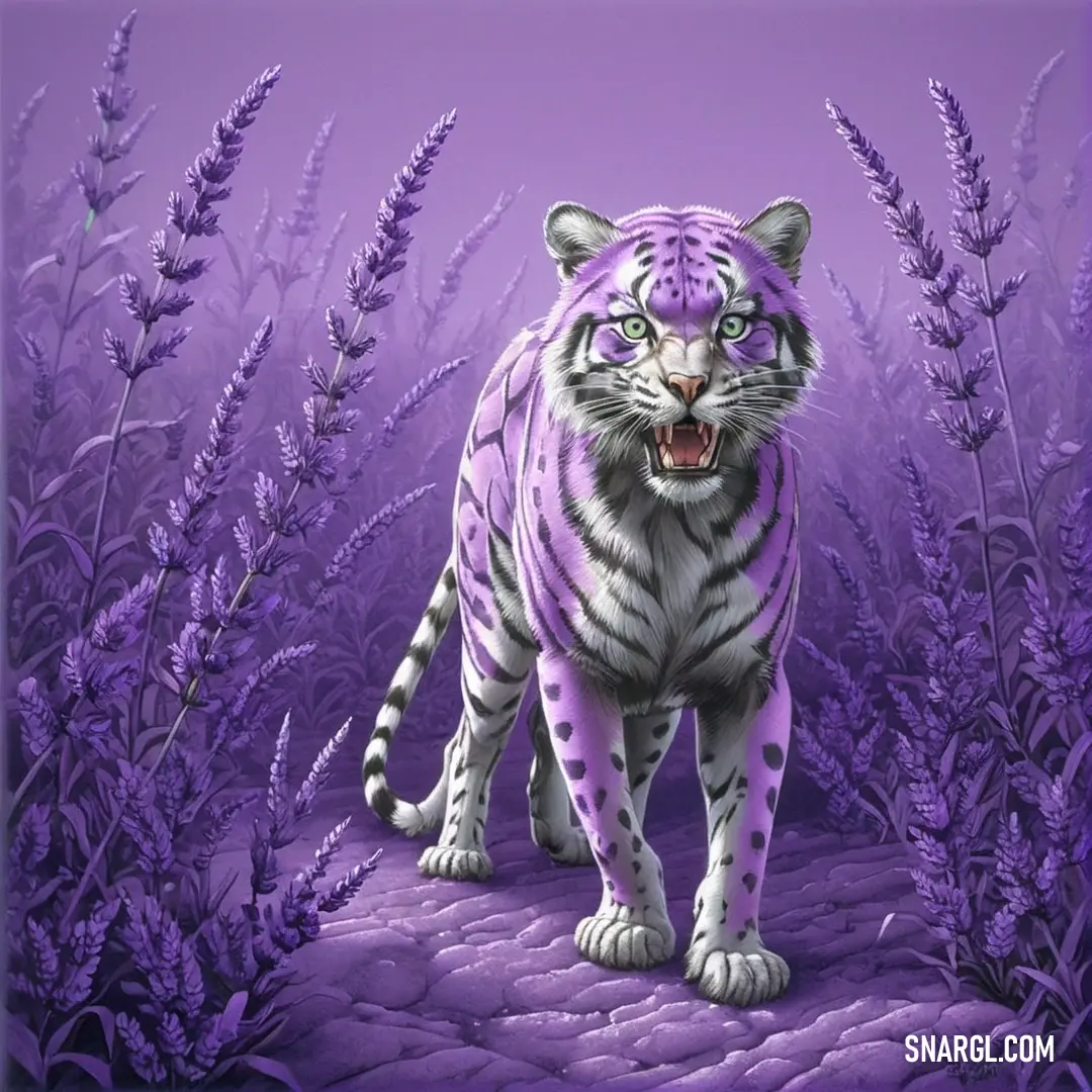 Purple tiger is walking through a field of lavender flowers and grass with its mouth open and it's teeth wide open