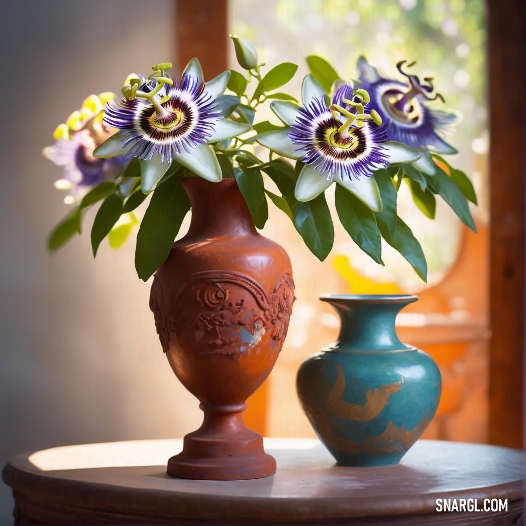 A charming table adorned with two vases, one filled with fresh flowers, standing gracefully next to the other. Their exquisite arrangement brings a touch of elegance to this cozy setting.