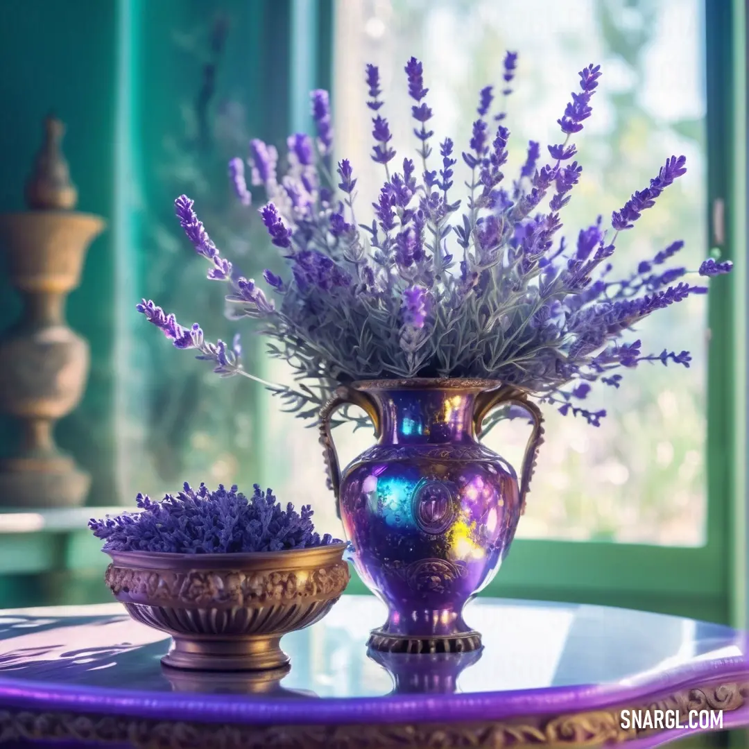 A delightful display of lavender flowers in a vase, set gracefully on a table in front of a bright window adorned with a purple curtain and a gleaming gold bowl, creating a cheerful atmosphere.