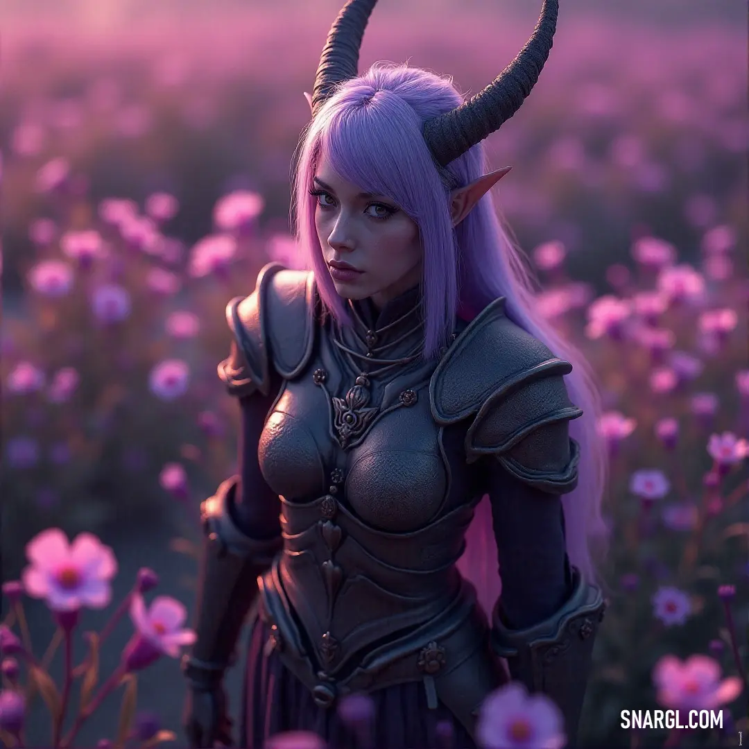 A captivating woman clad in a flowing purple dress stands amidst a vibrant field of flowers, her horned headpiece connecting her to the earth. The colorful blooms surround her, painting a picture of beauty, harmony, and magical existence.