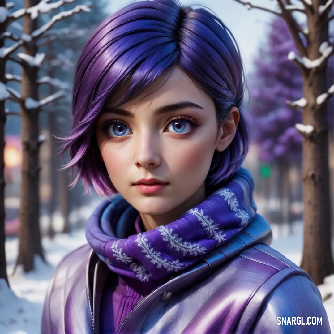 Digital painting of a woman with purple hair and scarf in a snowy park with trees and snow covered ground. Example of CMYK 60,50,0,0 color.