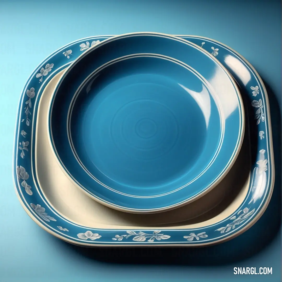 Blue and white plate with a bowl on top of it. Example of NCS S 2050-R90B color.