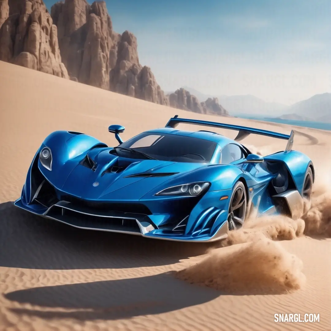 Blue sports car driving through a desert landscape with sand blowing around it and mountains in the background