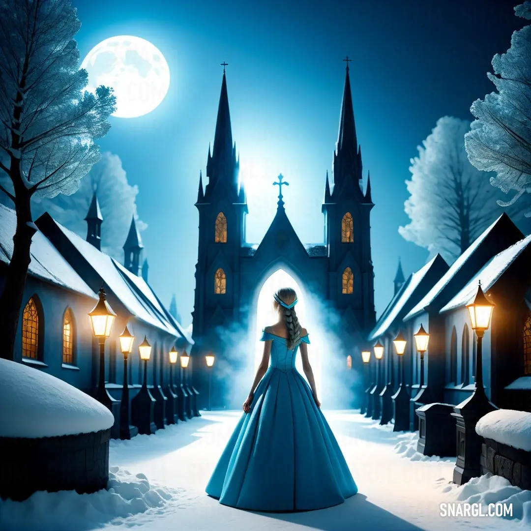 Woman in a blue dress standing in front of a church at night with a full moon in the sky. Example of RGB 47,140,187 color.