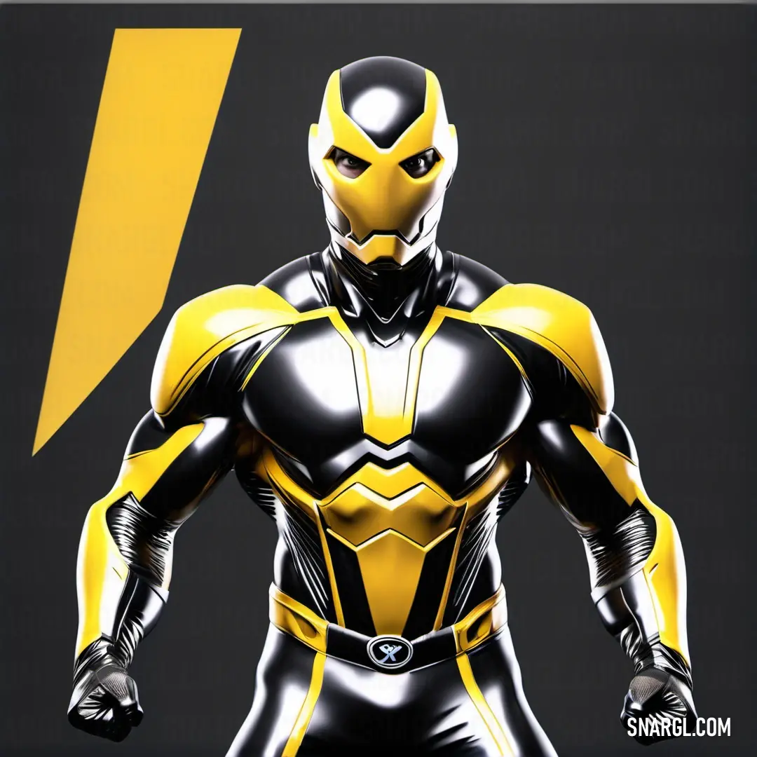 Man in a yellow and black suit with a lightning bolt on his chest and hands behind his back. Example of RGB 206,169,38 color.