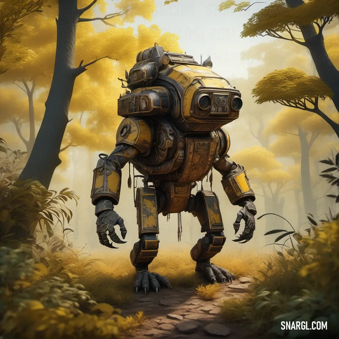 Robot walking through a forest with trees in the background. Color NCS S 2050-Y.