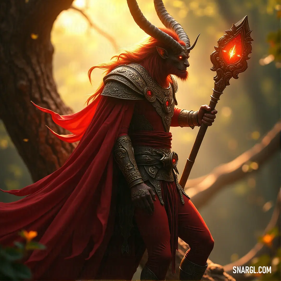 A strong figure in a horned costume wields a glowing torch, illuminating the dense forest around him. He stands as a guardian in the twilight, merging bravery and mystique as shadows swirl through the trees.