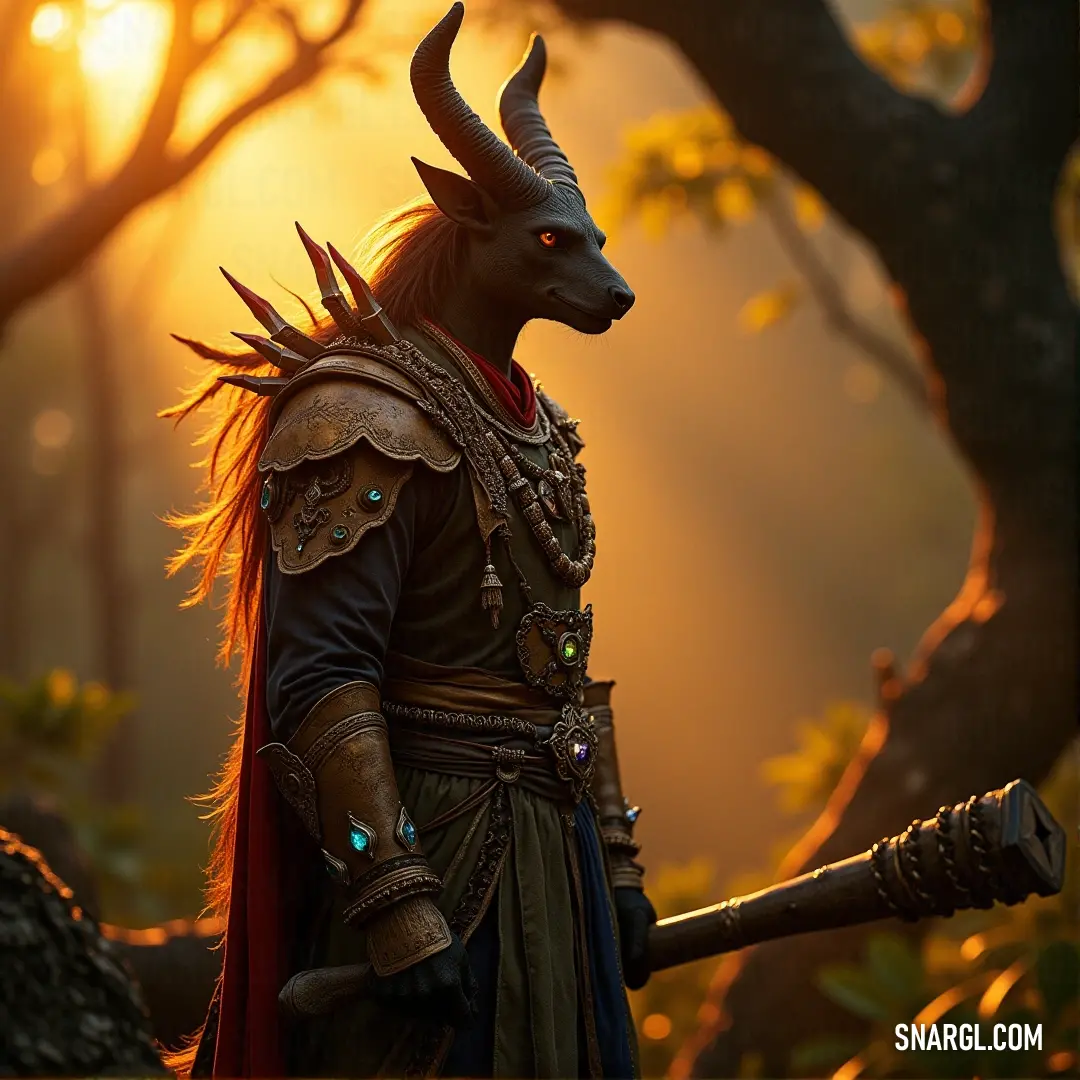 A noble warrior dressed in a horned costume stands poised in a serene forest at sunset, holding a gleaming sword. The warm hues of dusk create a powerful atmosphere, where valor and tranquility coexist.