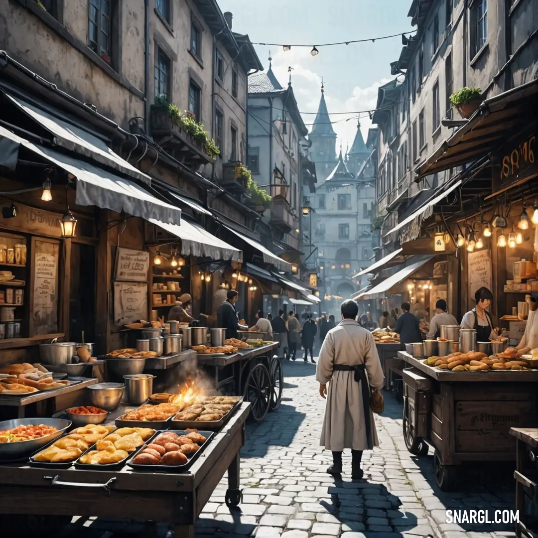 A dapper man roams a lively market, donning a stylish long coat. He navigates through a vibrant scene where stalls brim with fresh food, and people enjoy the aromatic offerings. The color scheme captures the essence of #DEA73D.