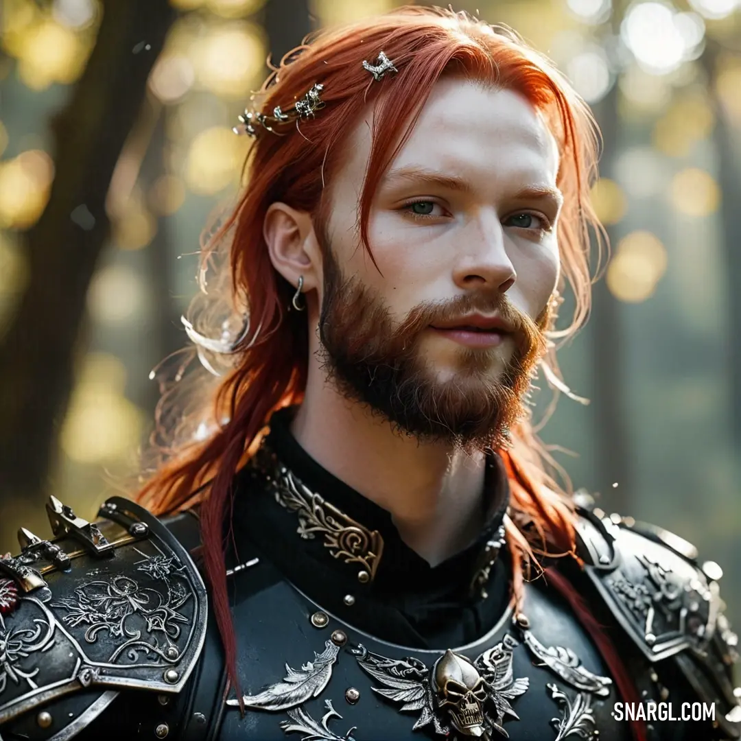 A fierce warrior with a striking red beard and hair donned in robust armor navigates through a dense forest, where nature whispers tales of bravery. The interplay of sunlight filtering through the trees casts enchanting patterns on his powerful figure.