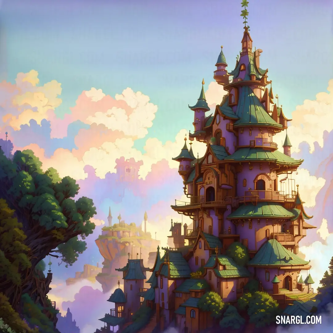 A majestic castle floats among the clouds, surrounded by lush trees and a sky that shifts between serene blues and soft whites. The dreamlike atmosphere creates an enchanting, otherworldly scene.