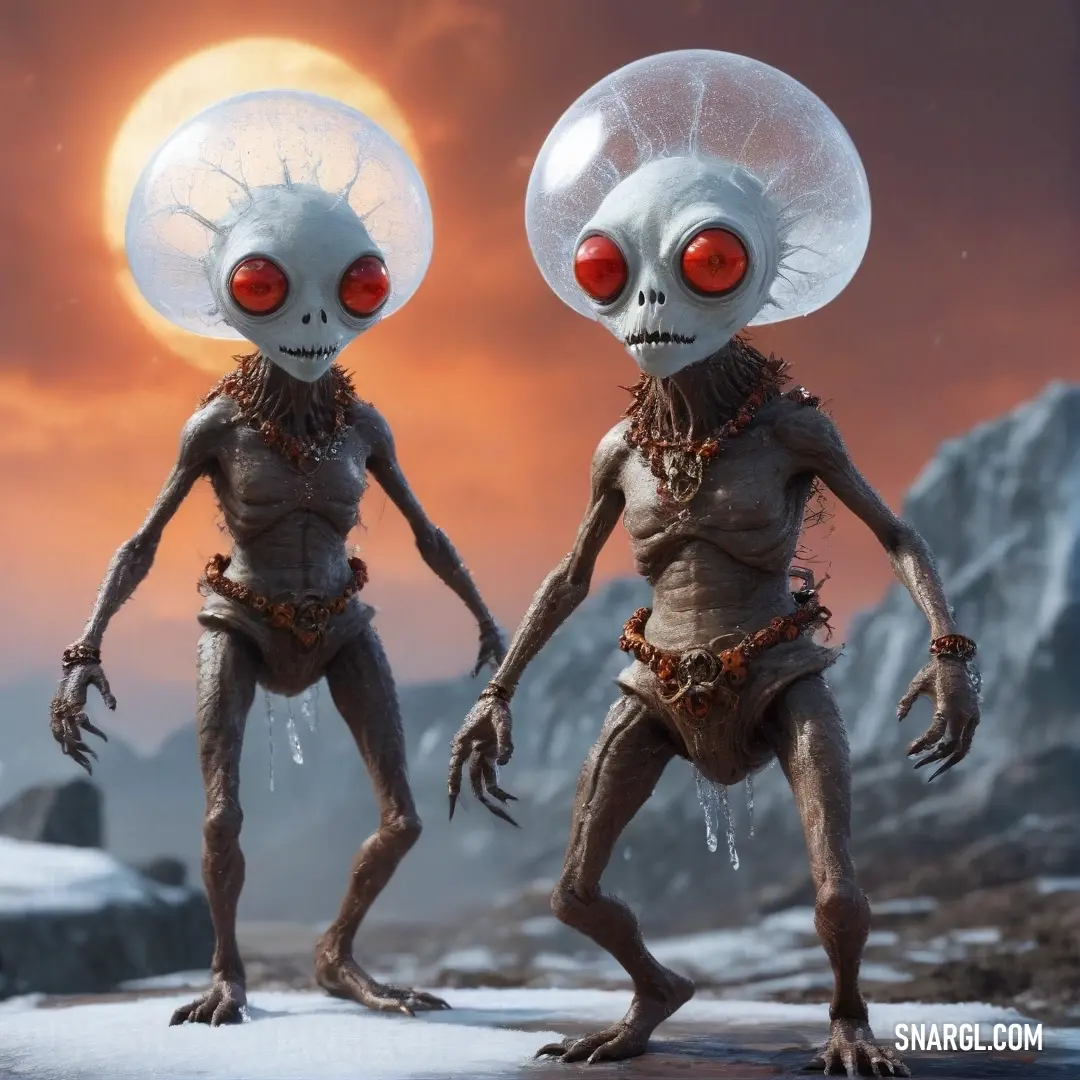 A pair of alien-like beings, adorned with distinctive headgear and glowing red eyes, stand side by side in a snowy realm. Their unique appearance against the frosty backdrop creates a scene filled with wonder and curiosity.