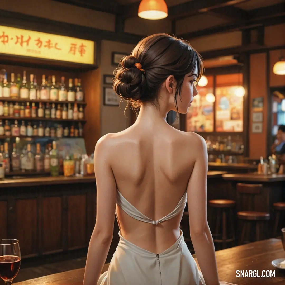 A sophisticated woman sits at a bustling bar, elegantly dressed with a glass of wine in front of her. The background buzzes with life as patrons enjoy their evening, while a warm light captures her tranquil moment against a backdrop of urban sophisticatio