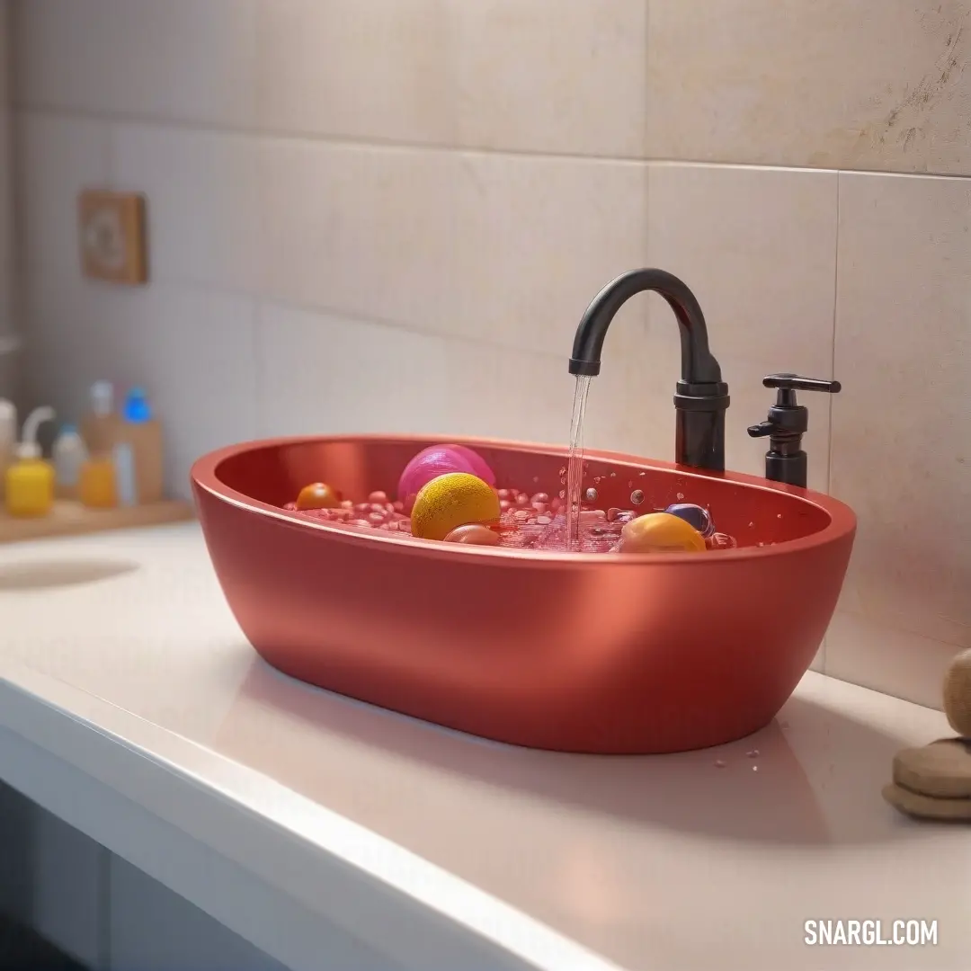 A vibrant sink holds a red bowl overflowing with colorful soap balls as water flows from a gleaming faucet. The dynamic interplay of colors and textures brings life to this kitchen setting, rendered in the hues of CMYK 0,30,80,10.