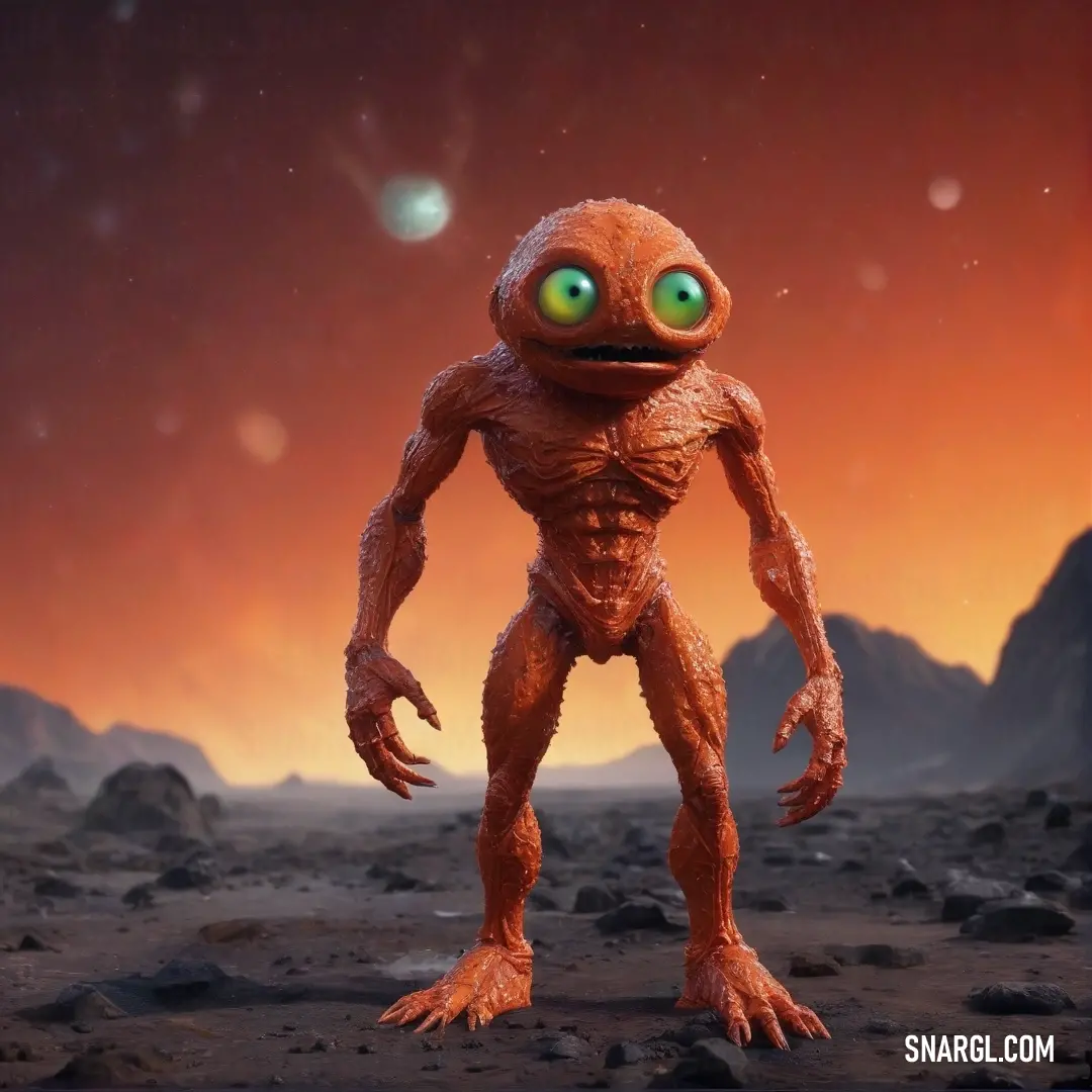 A unique creature with striking green eyes stands confidently in a vast desert landscape, framed by rugged rocks and a distant mountain range, showcasing the beauty of nature and the mystery of unseen worlds.