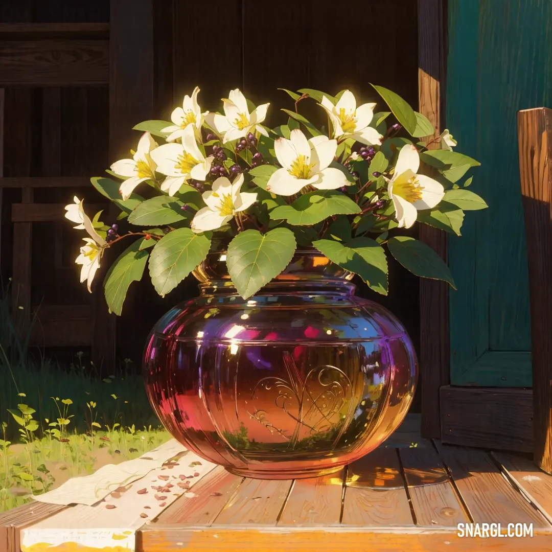 A charming vase brimming with fresh flowers sits on a table outside a cozy house, nestled near a wooden bench. The surrounding greenery and inviting shutters create a peaceful and welcoming atmosphere.