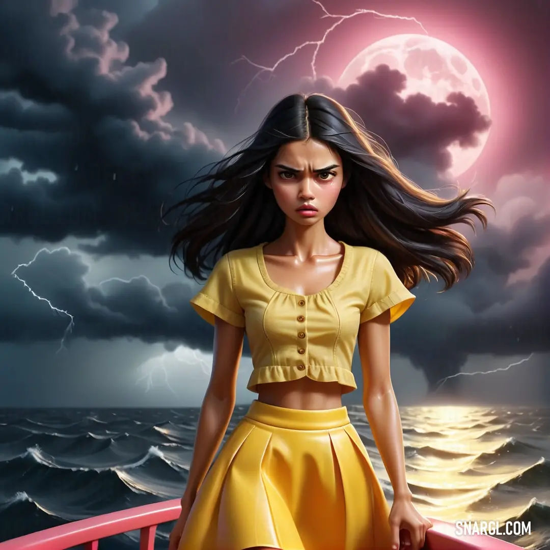Woman in a yellow dress standing on a boat in the ocean with a lightning storm behind her and a full moon in the sky